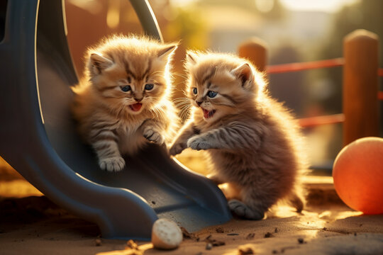 Cute Little Kitten Cats That Playing Together At Playground With Happiness, Generated AI