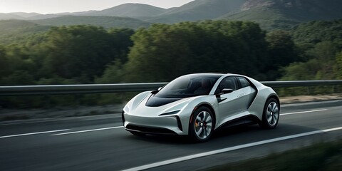 Naklejka premium A futuristic EV car running in the forest with motion blur and copy space. Sustainable concept.