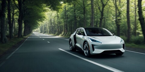A futuristic EV car running in the forest with motion blur and copy space. Sustainable concept. - obrazy, fototapety, plakaty