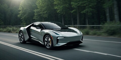A futuristic EV car running in the forest with motion blur and copy space. Sustainable concept.