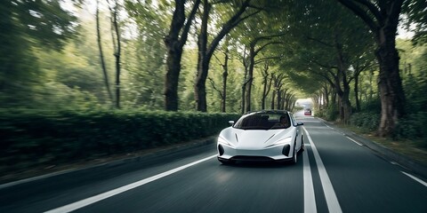 A futuristic EV car running in the forest with motion blur and copy space. Sustainable concept.