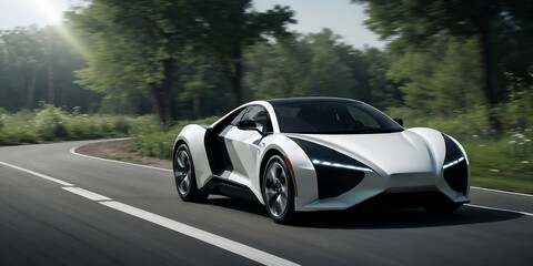 Fototapeta premium A futuristic EV car running in the forest with motion blur and copy space. Sustainable concept.