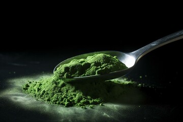 Bluegreen algae powder on a spoon. Generative AI