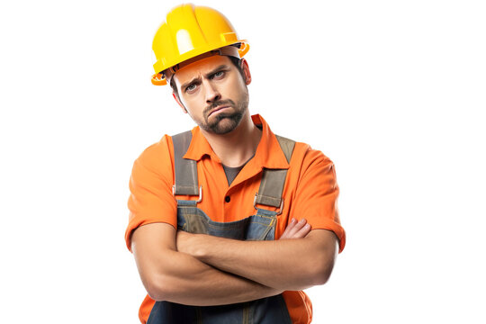 Close-up of a stern male road worker in a uniform, helmet, special clothing, white background isolate.