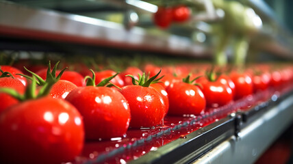 Tomatoes on the conveyor. Tomatoes in a food factory, fresh, ready for automatic packaging.  - obrazy, fototapety, plakaty