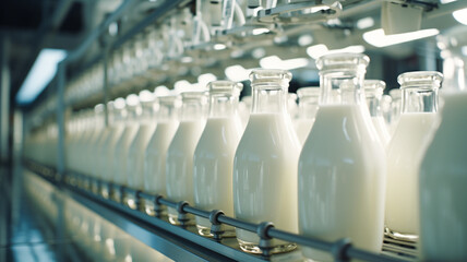 Filling milk or yoghurt in to plastic bottles at factory. Equipment at dairy plant. Milk bottling...