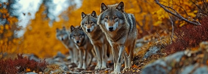 A pack of wolves in the fall forest, a close-up look at nature, predators hunting, and the anxiety of being attacked by wild animals - obrazy, fototapety, plakaty