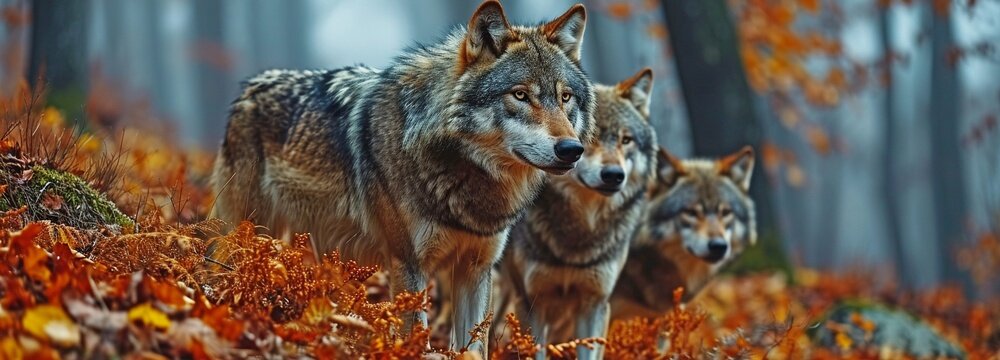 A pack of wolves in the fall forest, a close-up look at nature, predators hunting, and the anxiety of being attacked by wild animals