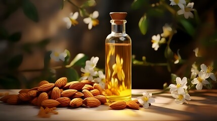 Almond oil in a glass bottle with almonds and jasmine flowers - obrazy, fototapety, plakaty