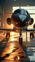 Examining a business jet in an aeroplane hangar are ground crew members of air traffic control. .