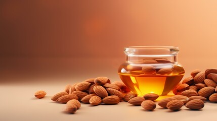 Almond oil in a glass jar and almonds on a brown background