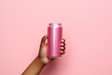 Female hand with pink nails holding a pink soda can on a pink background with copy space - obrazy, fototapety, plakaty