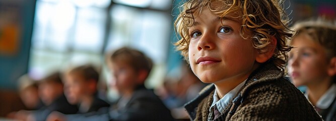 A happy and attractive blond youngster is pictured sitting at a desk during a lecture in a classroom..
