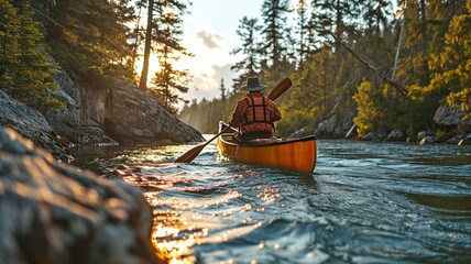 Senior man paddling on a rocky expedition canoe with a wooden paddle that is fitted out. - obrazy, fototapety, plakaty