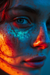 Portrait of a young woman under blue and yellow lights.