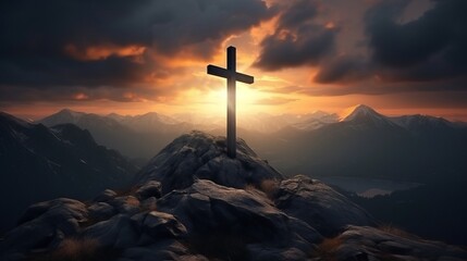 Holy cross on top of mountain at sunset or sunrise  symbolizing the death and resurrection of Jesus Christ . Hill is shrouded in light and clouds, horizontal background, Religion, Christianism concept - obrazy, fototapety, plakaty