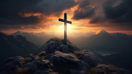 Foto op Plexiglas Holy cross on top of mountain at sunset or sunrise  symbolizing the death and resurrection of Jesus Christ . Hill is shrouded in light and clouds, horizontal background, Religion, Christianism concept © XC Stock