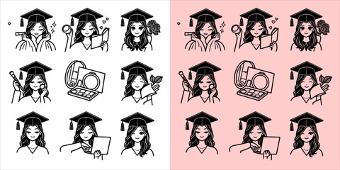 Vector of Diverse young students celebrating their graduation with diploma hat. set illustration doodle line art