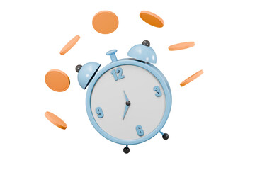 3d blue alarm clock with coins float around clock icon isolated on blue pastel background. Time management. minimal cartoon.3D Rendering. Banner, a place for text, copy space.
