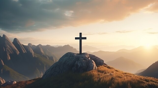 Holy cross on top of mountain at sunset or sunrise  symbolizing the death and resurrection of Jesus Christ . Hill is shrouded in light and clouds, horizontal background, Religion, Christianism concept