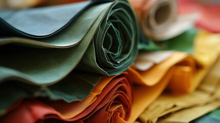 Assorted rolls of colorful fabric.