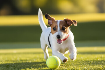 Cute jack russell terrier running and bringing a tennis ball.Dog enjoys playing ball concept of active plays with pets.Generative AI
 - obrazy, fototapety, plakaty