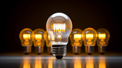 One of Lightbulb glowing among shutdown light bulb - obrazy, fototapety, plakaty