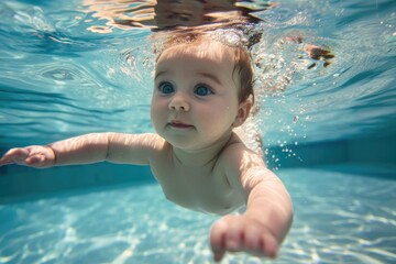 An infant underwater in a swimming pool, moving towards the camera.  - obrazy, fototapety, plakaty