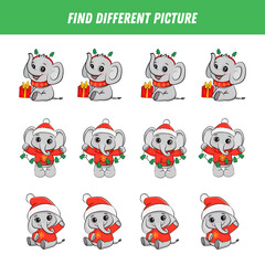 Find different elephant in each row. Logical game for kids. Cartoon cute elephant in santa hat. Winter Christmas game. Xmas activity. 