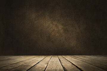 image of a wooden table on an abstract dark background with a light in the center