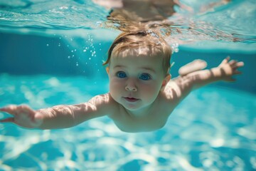 Infant swimming. Underwater photo of a baby with blue eyes
