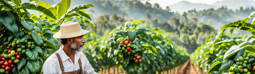 Foto op Canvas man at a coffee plantation harvesting coffee. © Екатерина Переславце