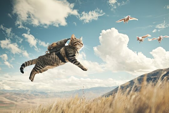 A cat wearing a jetpack soaring through the air, chasing a flock of flying pigs