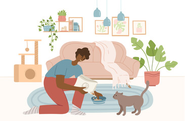 happy pet owner feeding cat in cozy interior of living room. Pet sitter and friendly service concept. People caring about animal friends at home. Colored flat hand drawn vector illustration.