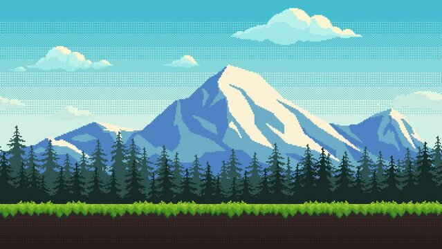 Pixel art animation of background with snow capped mountains, fir tree forest, green grass and clouds. Animated 8 bit landscape.