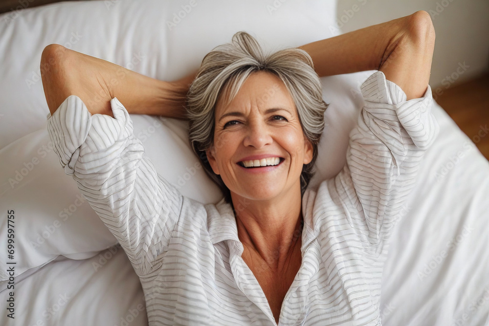 Wall mural happy mature woman in the morning in bed at home, good carefree morning.