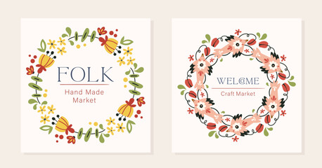 Folk hygge round frames or wreath, vector set of invitations, flyers or advertising templates in Nordic style, ready to use designs or prints. Symmetrical ethnic elements - birds, flowers, leaves