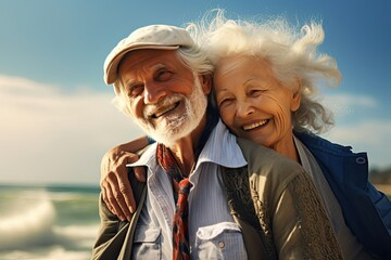 People. Happy couple, a man and an aged woman, laughing and hugging on the ocean or seashore. Close-up.