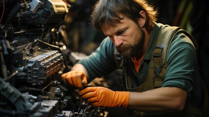 Bearded man repairing car engine with intense focus