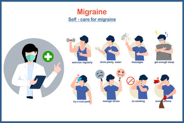 medical vector illustration.self care for migraine includes stress management,getting enough sleep,not smoking and caffeine,massage and essential oils,drinking plenty of water.exercise regularly.