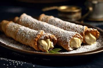 A close-up view of cannoli with powdered sugar. (Generative AI) - obrazy, fototapety, plakaty