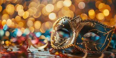 Beautiful carnival mask in shiny bokeh background. copy space for text - obrazy, fototapety, plakaty