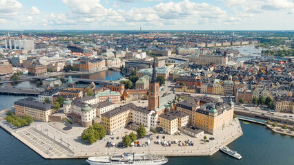 Fototapeta na wymiar Stockholm, Sweden. Island Riddarholmen and Lake Malaren. Riddarholmen Church. Panorama of the city. Summer day, Aerial View
