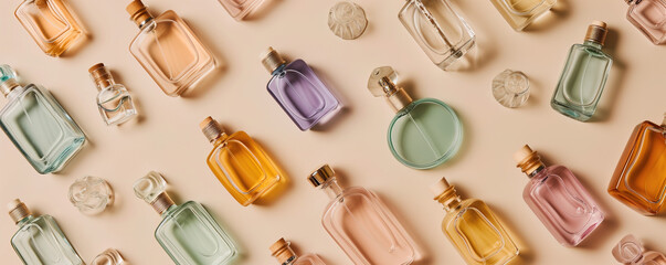 Multicolored perfume bottles on beige background, flat lay.
