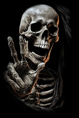Skeleton showing three fingers sign. T Shirt, Poster design. Black background. Ai Generative