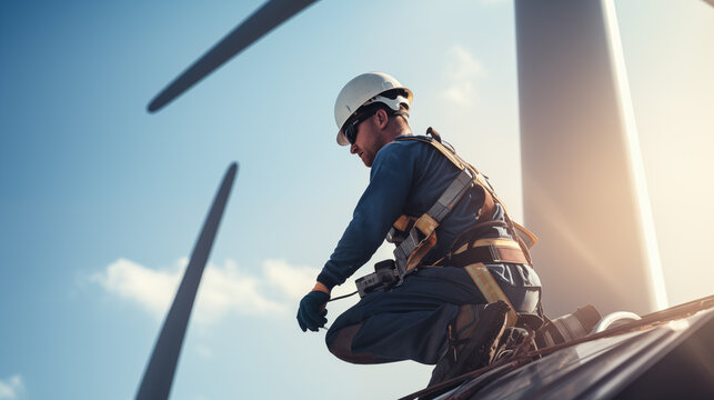 Engineer checking wind turbines high up in a renewable energy park