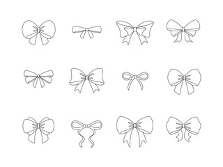 Set of ribbon bows isolated on white background. Vector illustration. Editable stroke. 	
