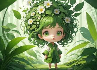 The nature girl character is standing in a dense green forest. The character is dressed in a green cloak and is surrounded by bright leaves and trees.