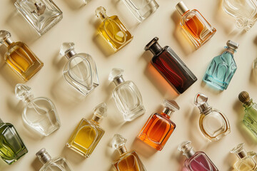 Multicolored perfume bottles on beige background, flat lay.