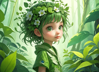 The nature girl character is standing in a dense green forest. The character is dressed in a green cloak and is surrounded by bright leaves and trees.